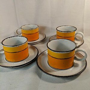 Stonehenge Midwinter Sun England Stoneware 4 Mugs Saucer Plate 8 Set Yellow Vtg